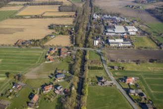 Aerial view, railway station Capelle (Westf), commercial area Magdheide, wooded railway line and