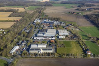 Aerial view, railway station Capelle (Westf), industrial area Magdheide, forested railway line,