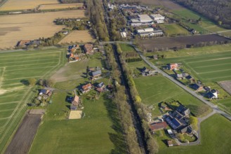 Aerial view, railway station Capelle (Westf), commercial area Magdheide, wooded railway line and