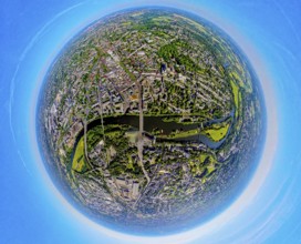 Aerial view, city centre view, Ruhr river and Ruhr island, castle bridge, globe, fisheye image, 360