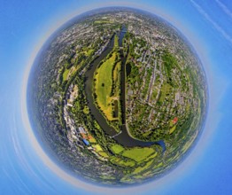Aerial view, Mülheim centre with Ruhr island, river Ruhr and lock canal, globe, fisheye image, 360
