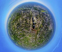 Aerial view, central station Hbf, Mülheim Mitte and skyscrapers Forum City, Hans-Böckler-Platz,