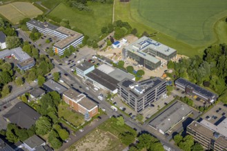 Aerial view, construction site with new building, industrial estate Solinger Straße, Saarn, Mülheim