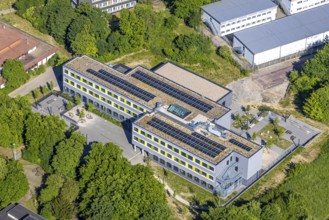 Aerial view, new construction of Saarn comprehensive school with solar roof, Saarn, Mülheim an der
