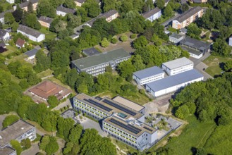 Aerial view, new construction of Saarn comprehensive school with solar roof, Saarn, Mülheim an der
