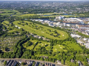 Aerial view, racecourse with golf course Golfclub Mülheim an der Ruhr Raffelberg, Südhafen,