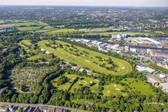 Aerial view, racecourse with golf course Golfclub Mülheim an der Ruhr Raffelberg, Südhafen,