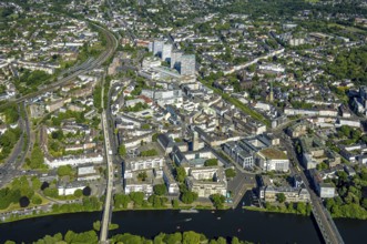 Aerial view, river Ruhr and castle bridge, city centre with Dickswall skyscrapers, Forum City,