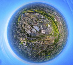Aerial view, industrial area Weseler Straße and Rhine-Ruhr harbour Mülheim, globe, fisheye image,