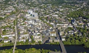 Aerial view, river Ruhr and castle bridge, city centre with Dickswall skyscrapers, Forum City,