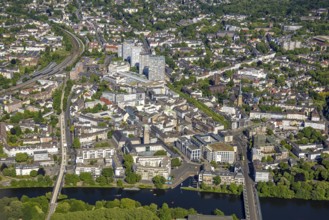 Aerial view, river Ruhr and castle bridge, city centre with Dickswall skyscrapers, Forum City,