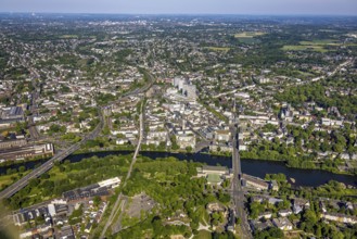 Aerial view, river Ruhr and castle bridge, city centre with Dickswall skyscrapers, Forum City,