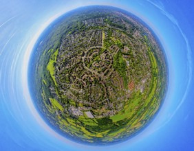 Aerial view, Saarner Kuppe, circular housing estate with Luxemburger Allee, globe, fisheye image,