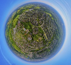 Aerial view, Saarner Kuppe, circular housing estate with Luxemburger Allee, globe, fisheye image,