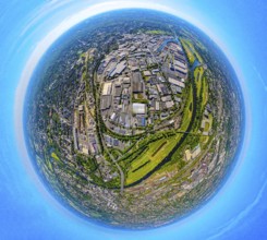 Aerial view, industrial area Weseler Straße and Rhine-Ruhr harbour Mülheim, globe, fisheye image,