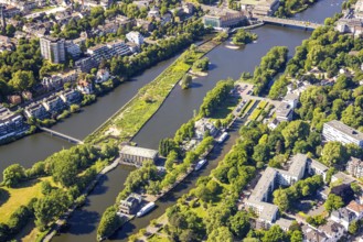 Aerial view, Ruhrinsel and Ruhrschleuse with water station gastronomy at the river Ruhr, Altstadt I