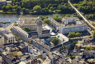 Aerial view, city centre with river Ruhr, historic town hall and Ruhr cycle highway RS1, Altstadt