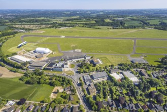 Aerial view, Essen/Mülheim Airport, Goodyear airship Zeppelin, construction site next to the WDL