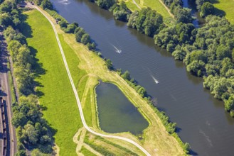 Aerial view, speedboats on the river Ruhr near Grabenstraße, Speldorf, Mülheim an der Ruhr, Ruhr