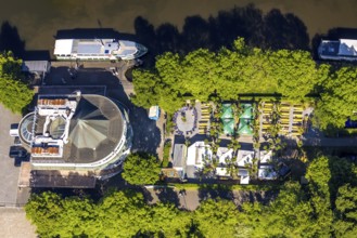 Aerial view, Restaurant Wasserbahnhof on the Schleuseninsel with landing stage Weiße Flotte,