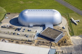 Aerial view, Airport Essen/Mülheim, construction site next to the airship hangar, parked