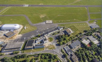 Aerial view, Essen/Mülheim Airport, construction site next to the WDL airship hangar, construction