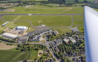 Aerial view, Essen/Mülheim Airport, Goodyear airship Zeppelin, construction site next to the WDL