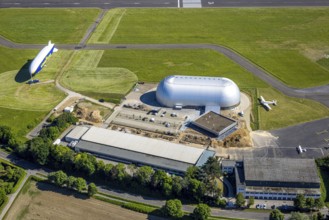 Aerial view, Airport Essen/Mülheim, Goodyear airship Zeppelin, construction site next to the WDL