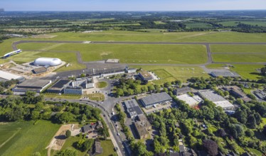 Aerial view, Essen/Mülheim Airport, Goodyear airship Zeppelin, construction site next to the WDL