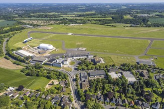 Aerial view, Essen/Mülheim Airport, Goodyear airship Zeppelin, construction site next to the WDL