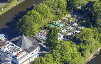 Aerial view, Restaurant Wasserbahnhof on the Schleuseninsel with landing stage Weiße Flotte,