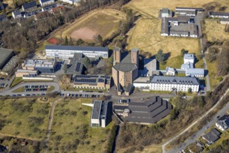 Aerial view, Abbey Königsmünster monastery with Benedictine grammar school, Meschede town,