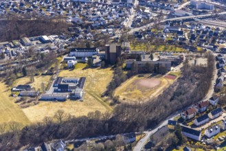 Aerial view, Abbey Königsmünster monastery with Benedictine grammar school, Meschede town,