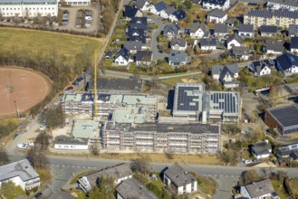 Aerial view, construction site with new building of the secondary school of the city of Meschede,
