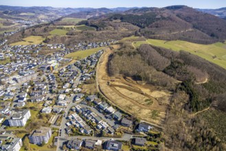 Aerial view, residential area Schedenweg, construction road at the forest for planned new