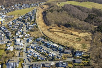 Aerial view, residential area Schedenweg, construction road at the forest for planned new