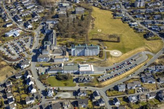 Aerial view, St. Walburga Hospital with helipad, Meschede town, Meschede, Sauerland, North