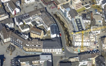 Aerial view, construction site with construction crane at Winziger Platz corner Zeughausstraße and