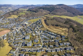 Aerial view, residential area Schedenweg, construction road at the forest for planned new