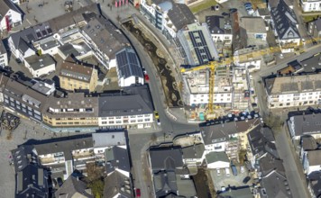 Aerial view, construction site with construction crane at Winziger Platz corner Zeughausstraße and