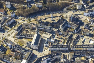 Aerial view, Stiftsplatz and St. Walburga Catholic Church, Stiftscenter car park, Meschede town,