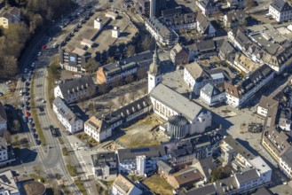 Aerial view, Stiftsplatz and St. Walburga Catholic Church, Stiftscenter car park, Meschede town,