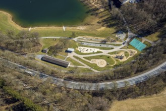 Aerial view, adventure playground Pirate Bay at the Hennesee, kiosk and snack bar Meating am See,