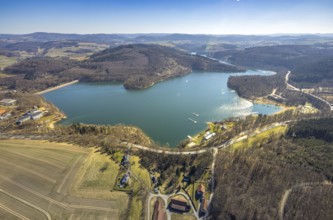 Aerial view, Hennesee Hennetalsperre with dam wall, forest area and hilly landscape, Berghausen,