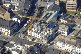 Aerial view, construction site with construction crane at Winziger Platz corner Zeughausstraße and