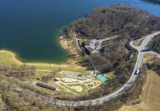 Aerial view, adventure playground Pirate Bay at the Hennesee, kiosk and snack bar Meating am See,