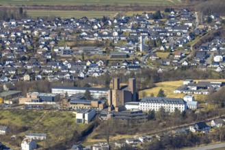 Aerial view, Abbey Königsmünster monastery with Benedictine grammar school, Meschede town,