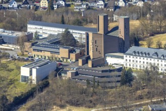 Aerial view, Abbey Königsmünster monastery with Benedictine grammar school, Meschede town,