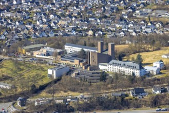 Aerial view, Abbey Königsmünster monastery with Benedictine grammar school, Meschede town,