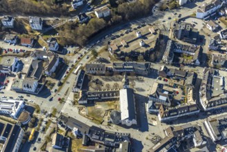Aerial view, Stiftsplatz and St. Walburga Catholic Church, Stiftscenter car park, Meschede town,